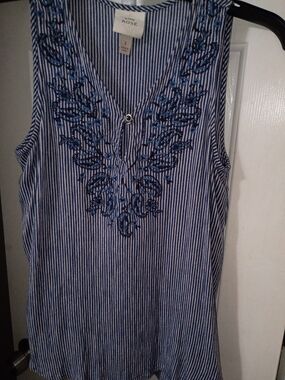 Knox Rose Blue and White Striped Sleeveless Embroidered V-Neck Top